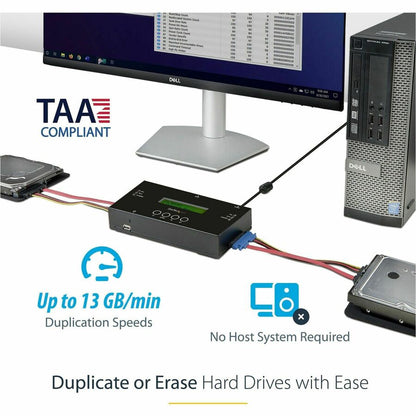 StarTech.com 1:1 Standalone Hard Drive Duplicator and Eraser, SAS/SATA HDD/SSD Cloner/Copier and Disk Eraser/Sanitizer/Wiper, Toolless SATSASDUPE11