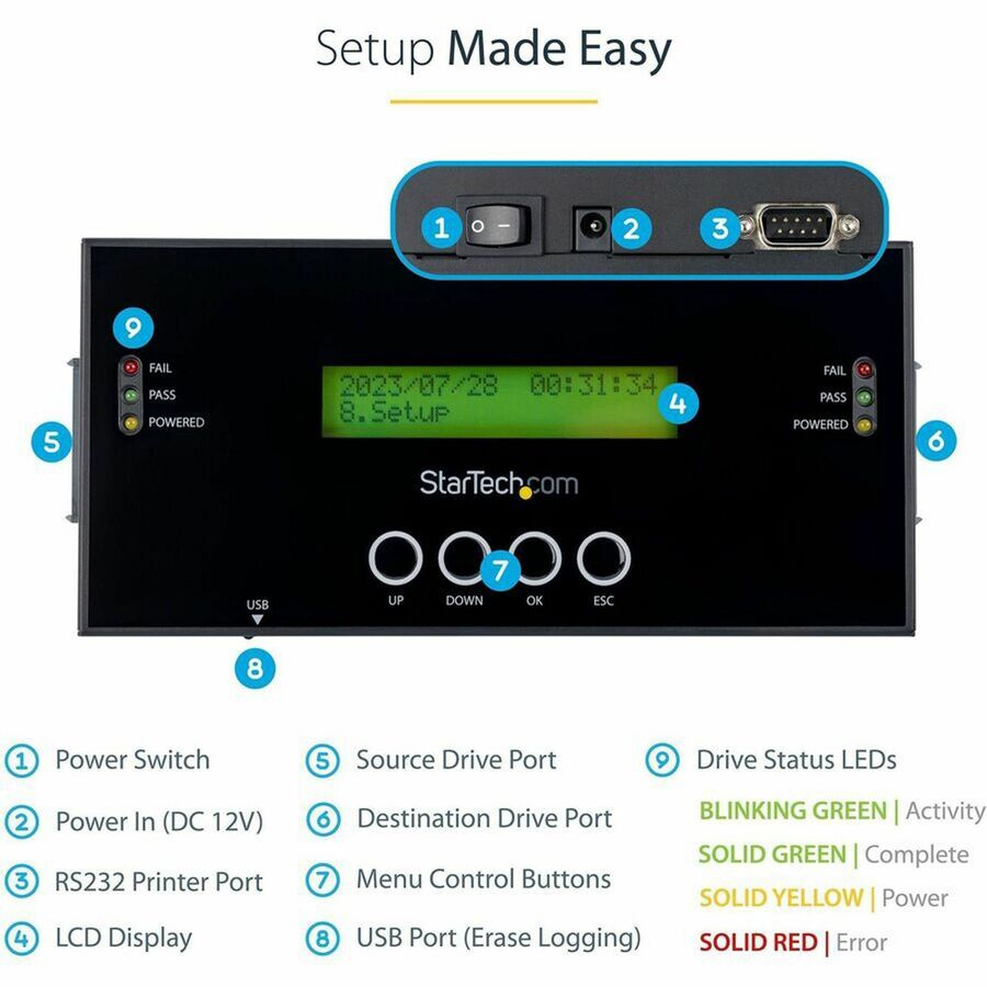 StarTech.com 1:1 Standalone Hard Drive Duplicator and Eraser, SAS/SATA HDD/SSD Cloner/Copier and Disk Eraser/Sanitizer/Wiper, Toolless SATSASDUPE11