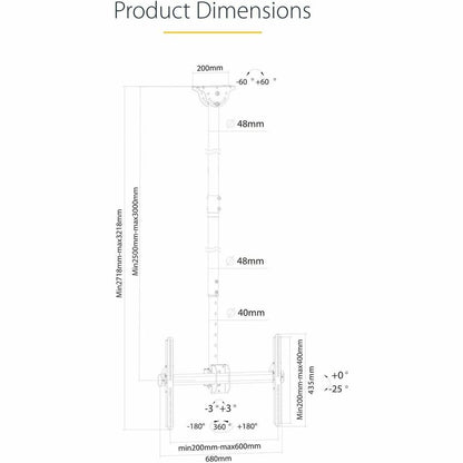 StarTech.com TV Ceiling Mount, Full-Motion Hanging Single Screen Vesa Mount for 32"-75" TVs / Displays - Height Adjustable Telescopic Pole FPCEILPTBLP