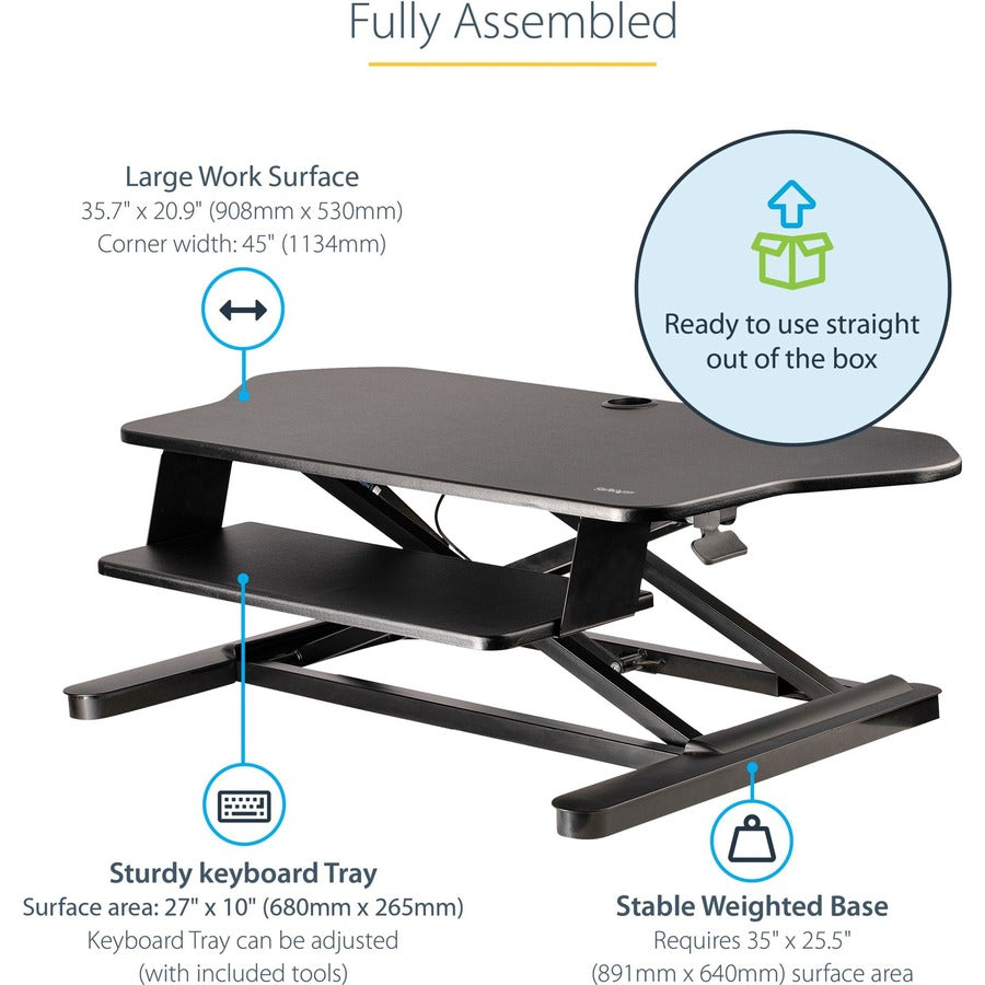 StarTech.com Corner Sit Stand Desk Converter with Keyboard Tray, Large Surface 35"x21" , Height Adjustable Ergonomic Tabletop Standing Desk ARMSTSCORNR