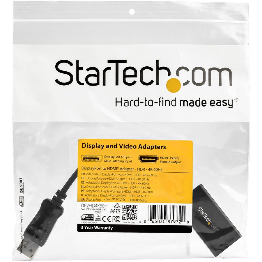 StarTech.com DisplayPort to HDMI Adapter, 4K 60Hz HDR10 Active DisplayPort 1.4 to HDMI 2.0b Converter, Latching DP Connector, DP to HDMI DP2HD4K60H