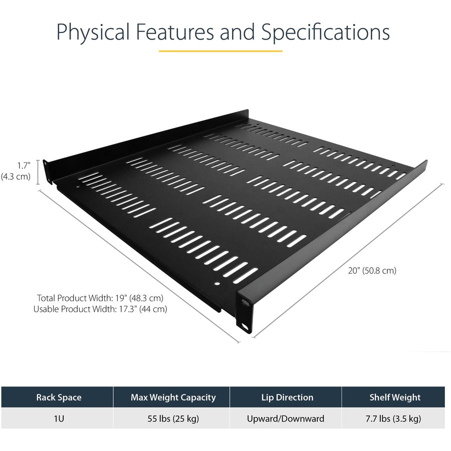 StarTech.com 1U Vented Server Rack Cabinet Shelf - Fixed 20" Deep Cantilever Rackmount Tray for 19" Data/AV/Network Enclosure w/Cage Nuts SHELF-1U-20-FIXED-V