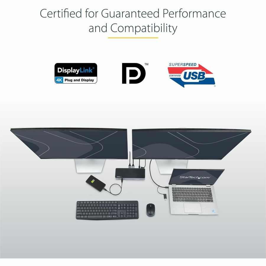StarTech.com USB-C & USB-A Dock - Hybrid Universal Laptop Docking Station w/ 100W Power Delivery - Dual Monitor 4K 60Hz HDMI & DisplayPort DK30C2DPEP