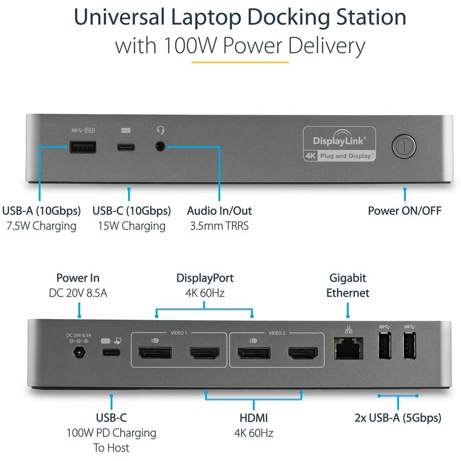 StarTech.com USB-C & USB-A Dock - Hybrid Universal Laptop Docking Station w/ 100W Power Delivery - Dual Monitor 4K 60Hz HDMI & DisplayPort DK30C2DPEP