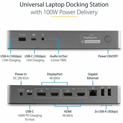 StarTech.com USB-C & USB-A Dock - Hybrid Universal Laptop Docking Station w/ 100W Power Delivery - Dual Monitor 4K 60Hz HDMI & DisplayPort DK30C2DPEP