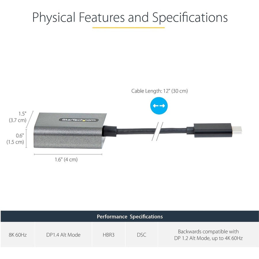 StarTech.com USB C to DisplayPort Adapter, 8K/4K 60Hz USB-C to DisplayPort 1.4 Adapter, DSC, USB Type-C to DP Video Converter, w/12" Cable CDP2DPEC