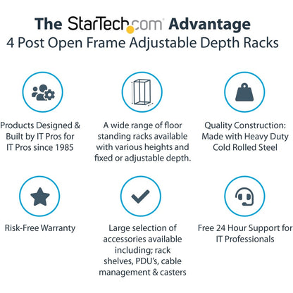 StarTech.com 4-Post 25U Mobile Open Frame Server Rack, 19in Network Rack with Casters, Rolling Rack for Computer/AV/Data/IT Equipment 4POSTRACK25U