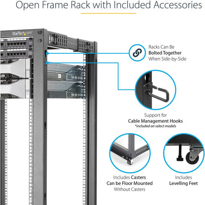 StarTech.com 4-Post 25U Mobile Open Frame Server Rack, 19in Network Rack with Casters, Rolling Rack for Computer/AV/Data/IT Equipment 4POSTRACK25U