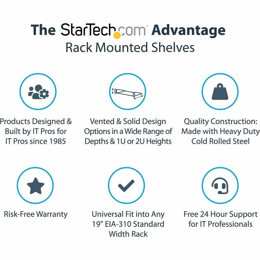 StarTech.com 2U 22in Vented Rack Mount Shelf - Fixed 22 inch Deep antilever Rackmount Tray for Server Rack Cabinet Shelf - 50lbs / 23kg CABSHELF22V