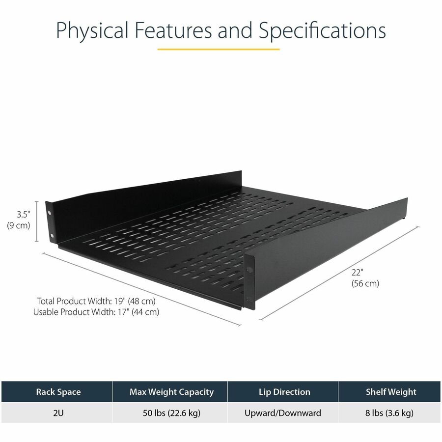 StarTech.com 2U 22in Vented Rack Mount Shelf - Fixed 22 inch Deep antilever Rackmount Tray for Server Rack Cabinet Shelf - 50lbs / 23kg CABSHELF22V