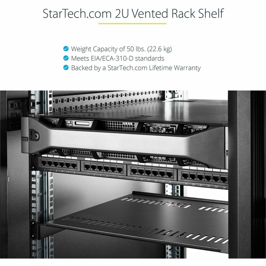 StarTech.com 2U 22in Vented Rack Mount Shelf - Fixed 22 inch Deep antilever Rackmount Tray for Server Rack Cabinet Shelf - 50lbs / 23kg CABSHELF22V