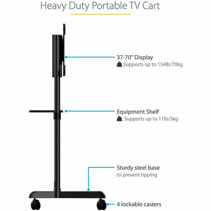 StarTech.com Mobile TV Cart, Portable Rolling TV Stand, 37-70 inch VESA Display Mount (154lb/70kg), Shelf & Storage, Rotate/Tilt Display MBLTVSTNDEC