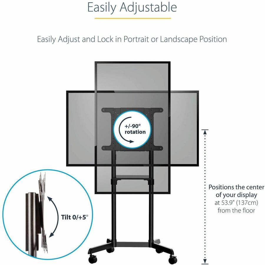 StarTech.com Mobile TV Cart, Portable Rolling TV Stand, 37-70 inch VESA Display Mount (154lb/70kg), Shelf & Storage, Rotate/Tilt Display MBLTVSTNDEC