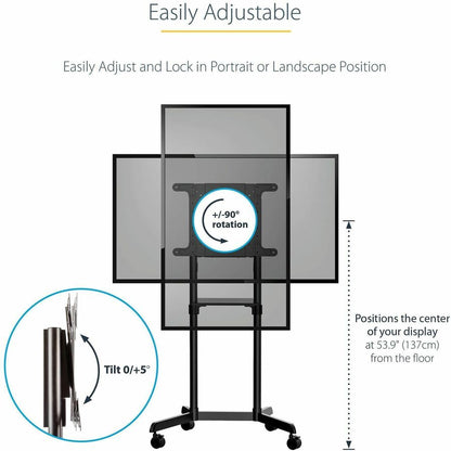 StarTech.com Mobile TV Cart, Portable Rolling TV Stand, 37-70 inch VESA Display Mount (154lb/70kg), Shelf & Storage, Rotate/Tilt Display MBLTVSTNDEC