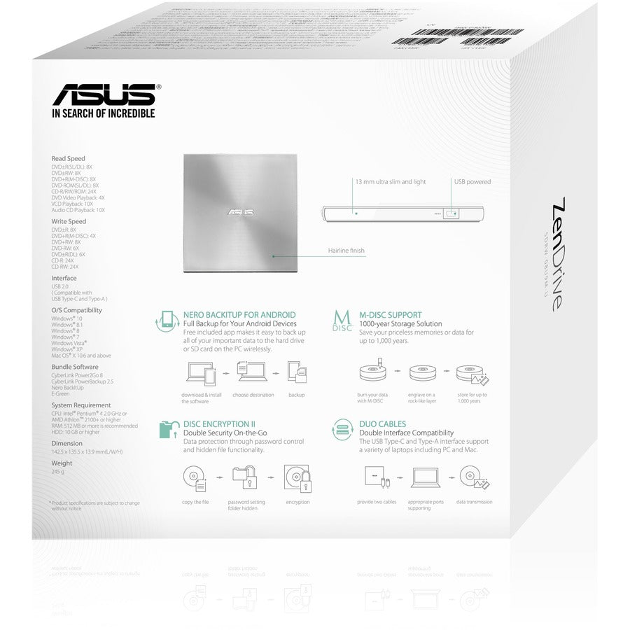 Asus ZenDrive SDRW-08U9M-U DVD-Writer - Silver SDRW-08U9M-U/SIL/G/AS/P2G