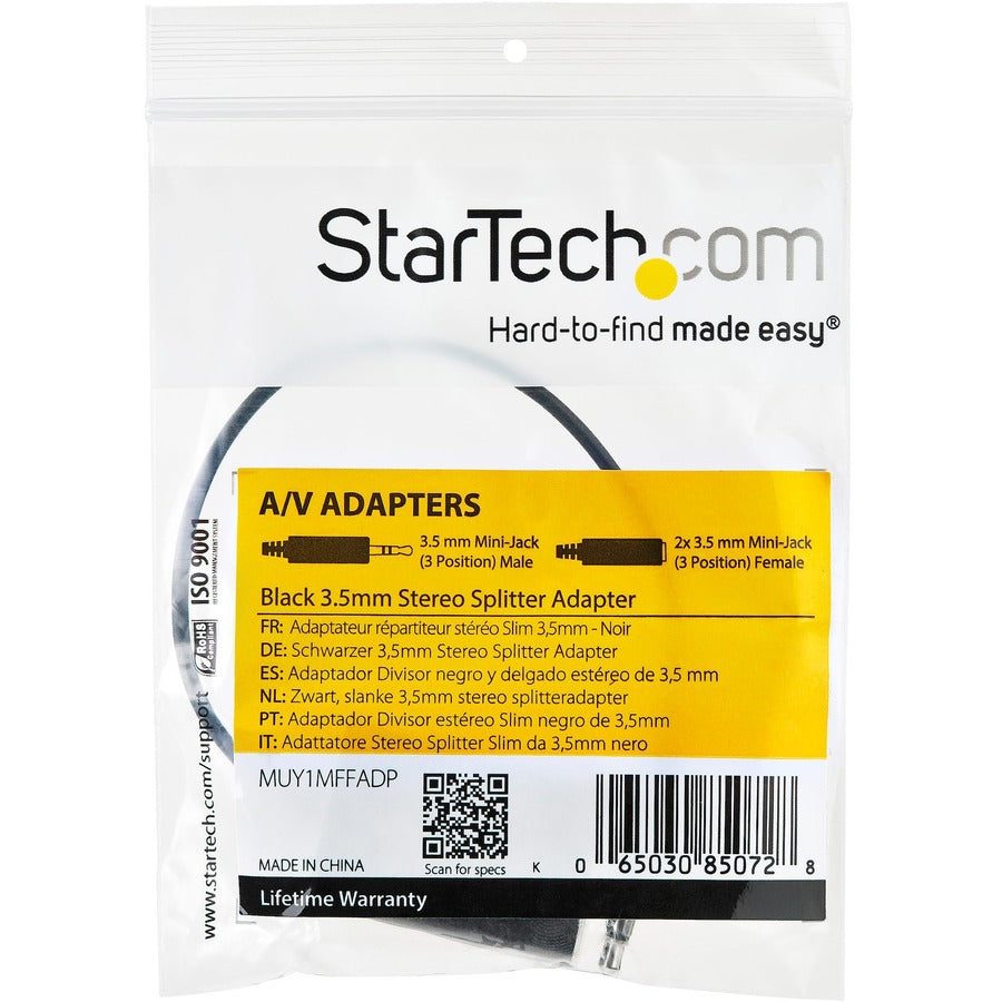 StarTech.com Black Slim Mini Jack Headphone Splitter Cable Adapter - 3.5mm Male to 2x 3.5mm Female MUY1MFFADP