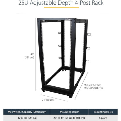 StarTech.com 4-Post 25U Mobile Open Frame Server Rack, 19in Network Rack with Casters, Rolling Rack for Computer/AV/Data/IT Equipment 4POSTRACK25U