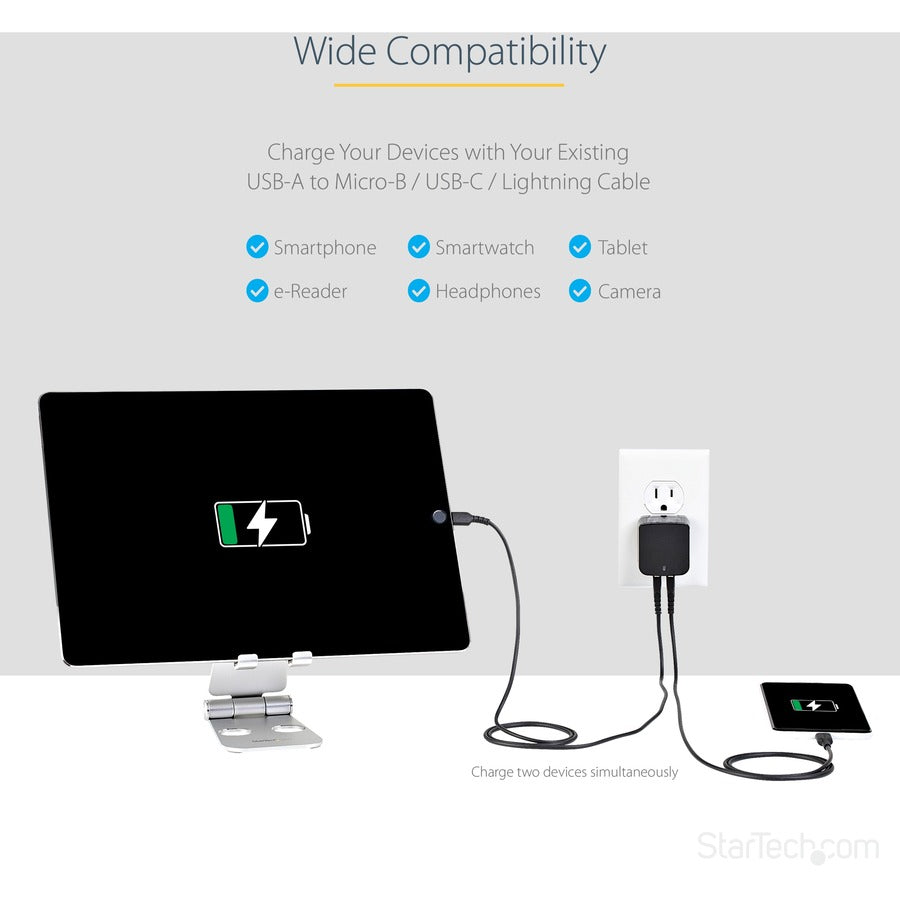 StarTech.com Travel USB Wall Charger - 2 Port - Black - Universal Travel Adapter - International Power Adapter - USB Charger USB2PACBK