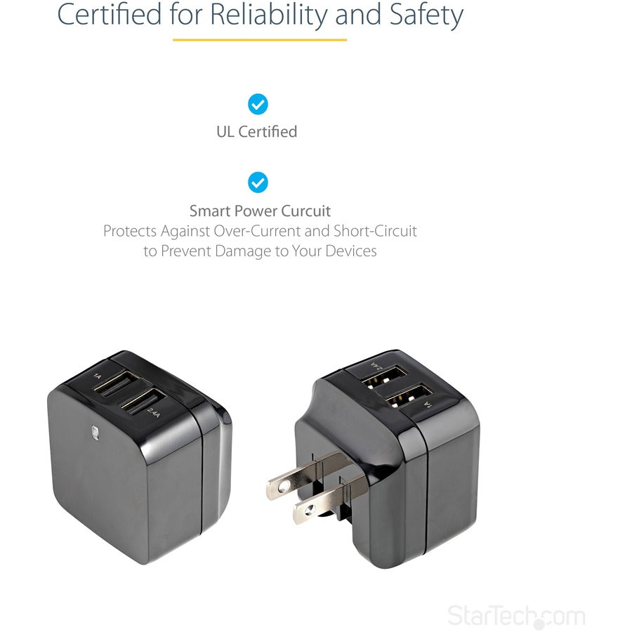 StarTech.com Travel USB Wall Charger - 2 Port - Black - Universal Travel Adapter - International Power Adapter - USB Charger USB2PACBK