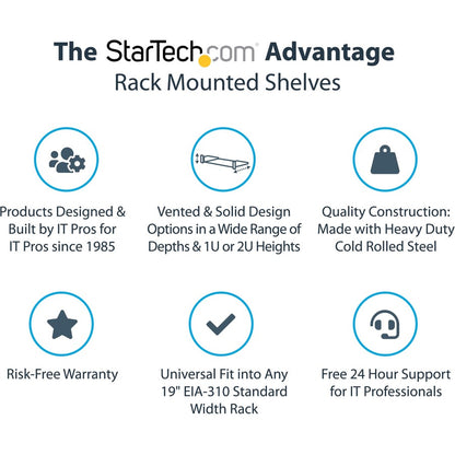 StarTech.com 1U Vented Server Rack Cabinet Shelf - Fixed 7in Deep Cantilever Rackmount Tray for 19" Data/AV/Network Enclosure w/Cage Nuts CABSHELF1U7V