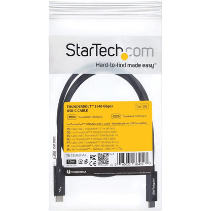 StarTech.com 3 ft 1m Thunderbolt 3 Cable w/ 100W PD - 40Gbps - Dual 4K or Full 5K - Certified Thunderbolt 3 USB-C Cable TBLT3MM1MA