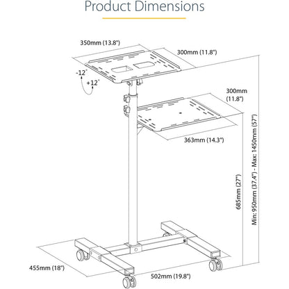 StarTech.com Mobile Projector and Laptop Stand/Cart, Heavy Duty Portable Projector Stand/Presentation Cart (22lb/shelf), Height Adjustable ADJPROJCART