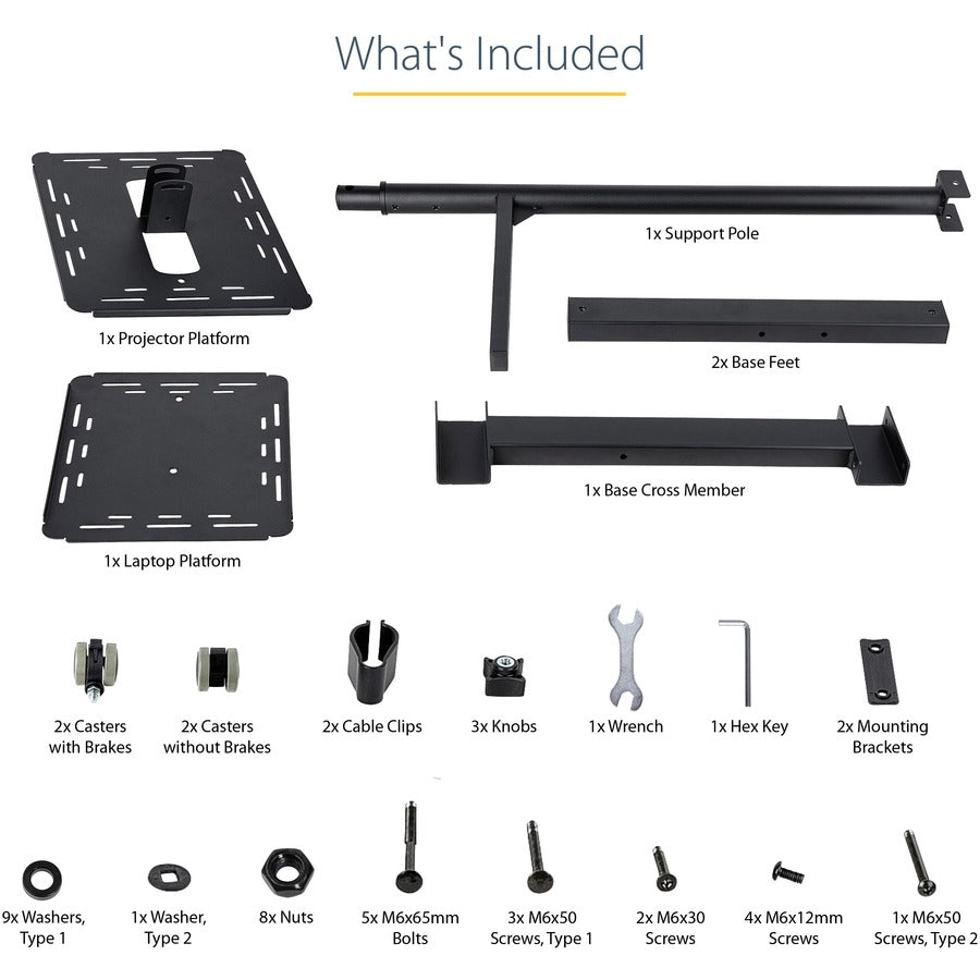 StarTech.com Mobile Projector and Laptop Stand/Cart, Heavy Duty Portable Projector Stand/Presentation Cart (22lb/shelf), Height Adjustable ADJPROJCART