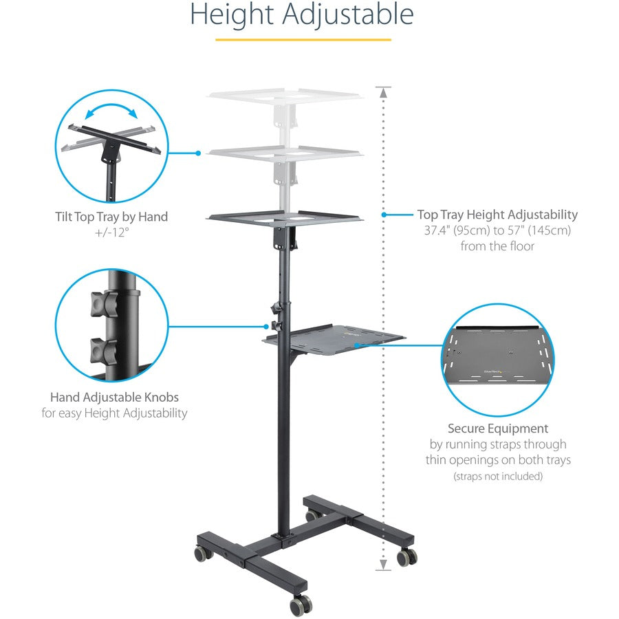 StarTech.com Mobile Projector and Laptop Stand/Cart, Heavy Duty Portable Projector Stand/Presentation Cart (22lb/shelf), Height Adjustable ADJPROJCART