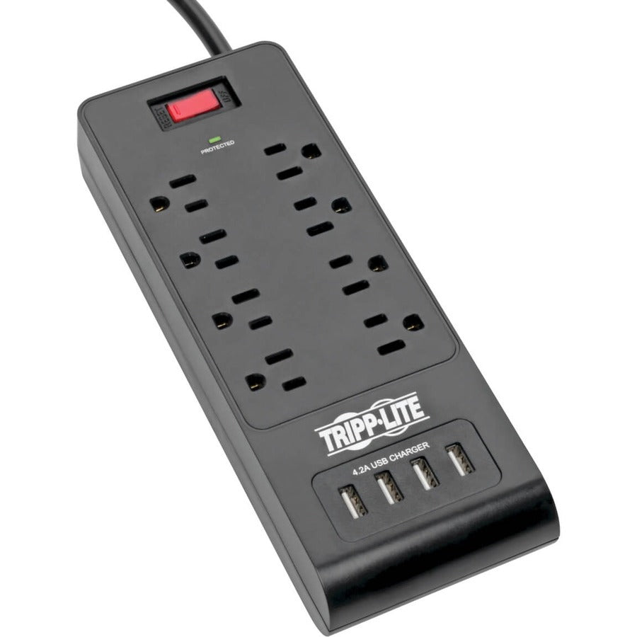 Tripp Lite Surge Protector Power Strip 8-Outlets 4 USB Ports 6ft Cord Black - 8 x NEMA 5-15R, 4 x USB - 1875 VA - 1800 J - 120 V AC Input TLP864USBB