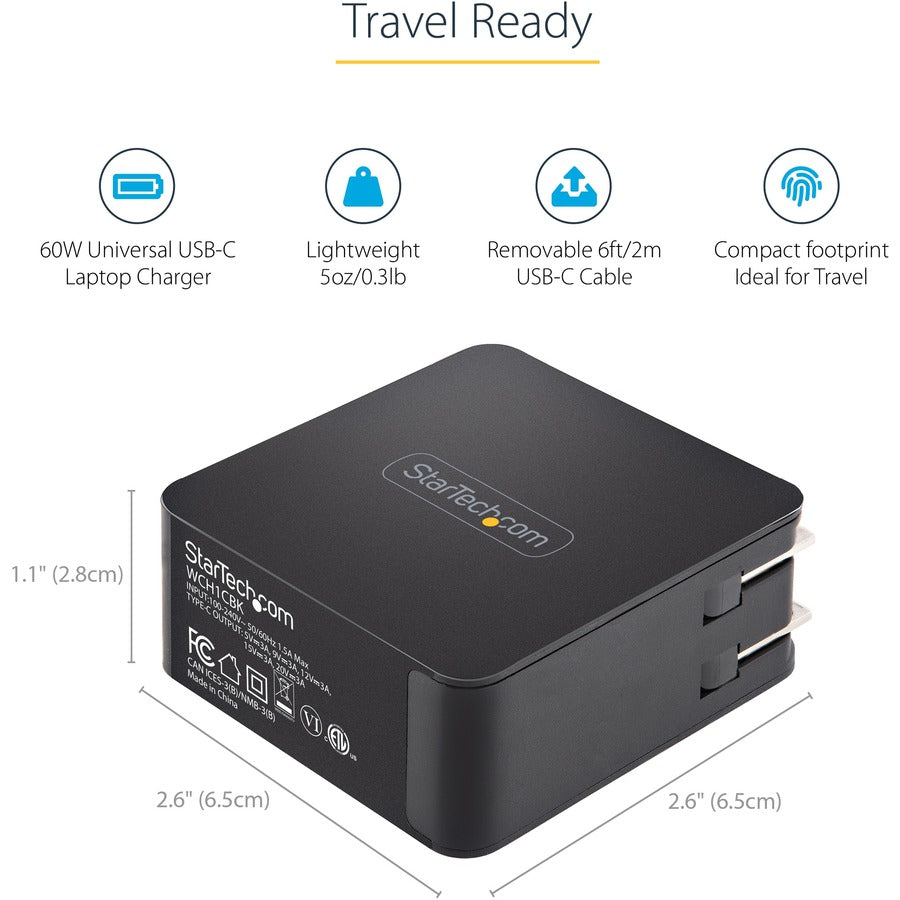 StarTech.com USB C Wall Charger, 60W PD with 6ft/2m Cable, Portable USB Type C Laptop Charger, Universal Adapter, USB IF/ETL Certified WCH1CBK