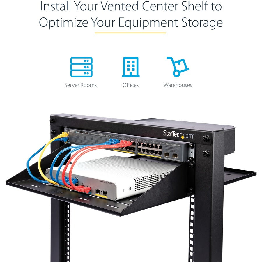 StarTech.com 2U Vented Server Rack Shelf - Center Mount Fixed 14" Deep Cantilever Rackmount Tray for 19" Data/AV/Network w/Cage Nuts SHELF-2U-14-CENTER-V