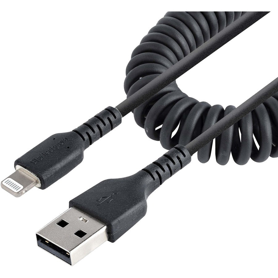 StarTech.com 50cm/20in USB to Lightning Cable, MFi Certified, Coiled iPhone Charger Cable, Black, Durable TPE Jacket Aramid Fiber RUSB2ALT50CMBC