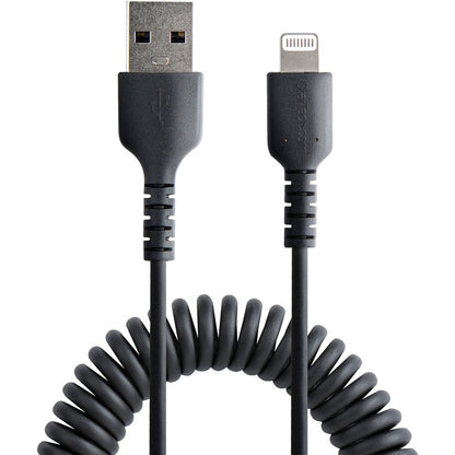 StarTech.com 50cm/20in USB to Lightning Cable, MFi Certified, Coiled iPhone Charger Cable, Black, Durable TPE Jacket Aramid Fiber RUSB2ALT50CMBC