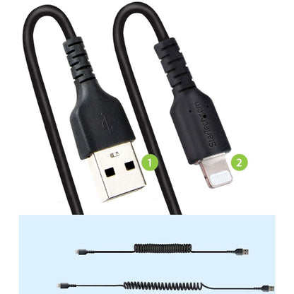 StarTech.com 50cm/20in USB to Lightning Cable, MFi Certified, Coiled iPhone Charger Cable, Black, Durable TPE Jacket Aramid Fiber RUSB2ALT50CMBC