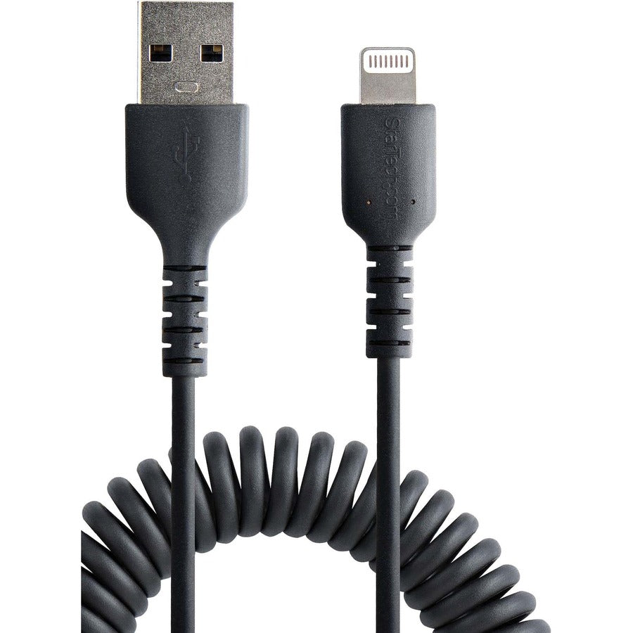 StarTech.com 50cm/20in USB to Lightning Cable, MFi Certified, Coiled iPhone Charger Cable, Black, Durable TPE Jacket Aramid Fiber RUSB2ALT50CMBC