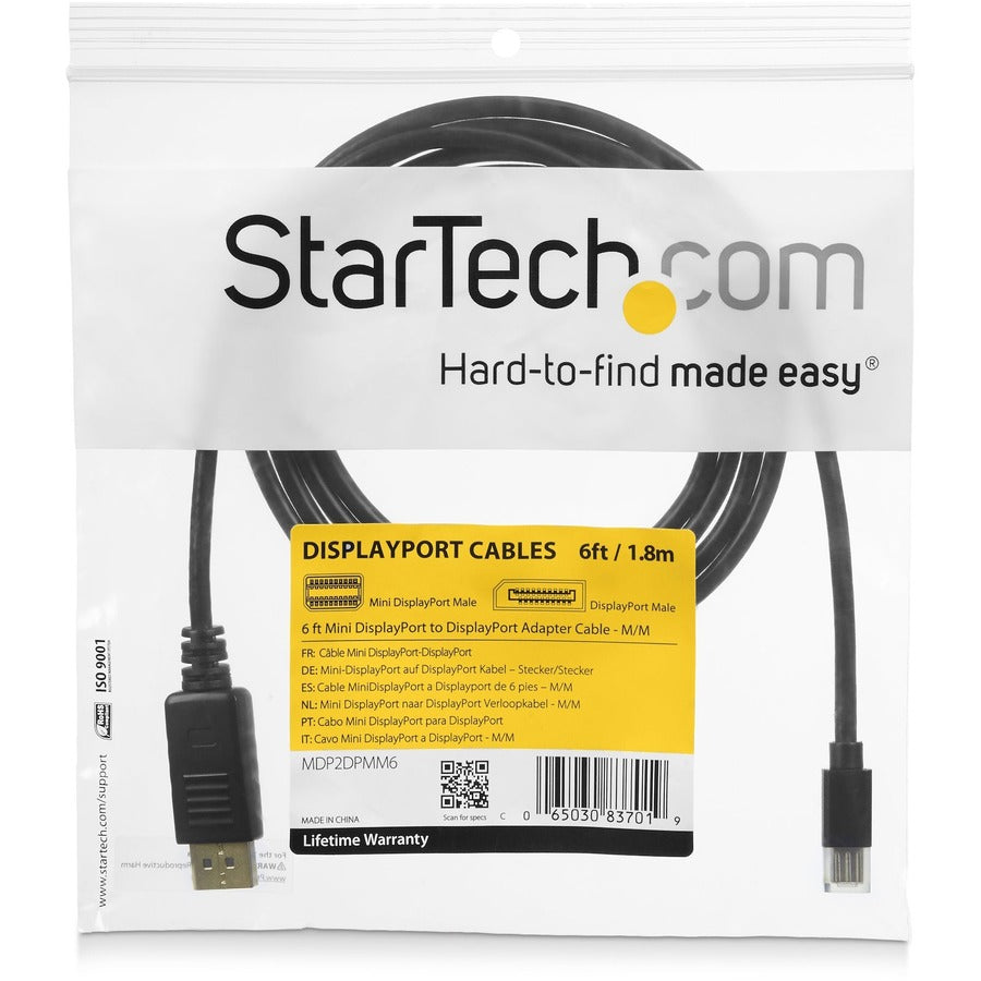 StarTech.com 6ft Mini DisplayPort to DisplayPort 1.2 Cable, 4K x 2K mDP to DisplayPort Adapter Cable, Mini DP to DP Cable for Monitor MDP2DPMM6