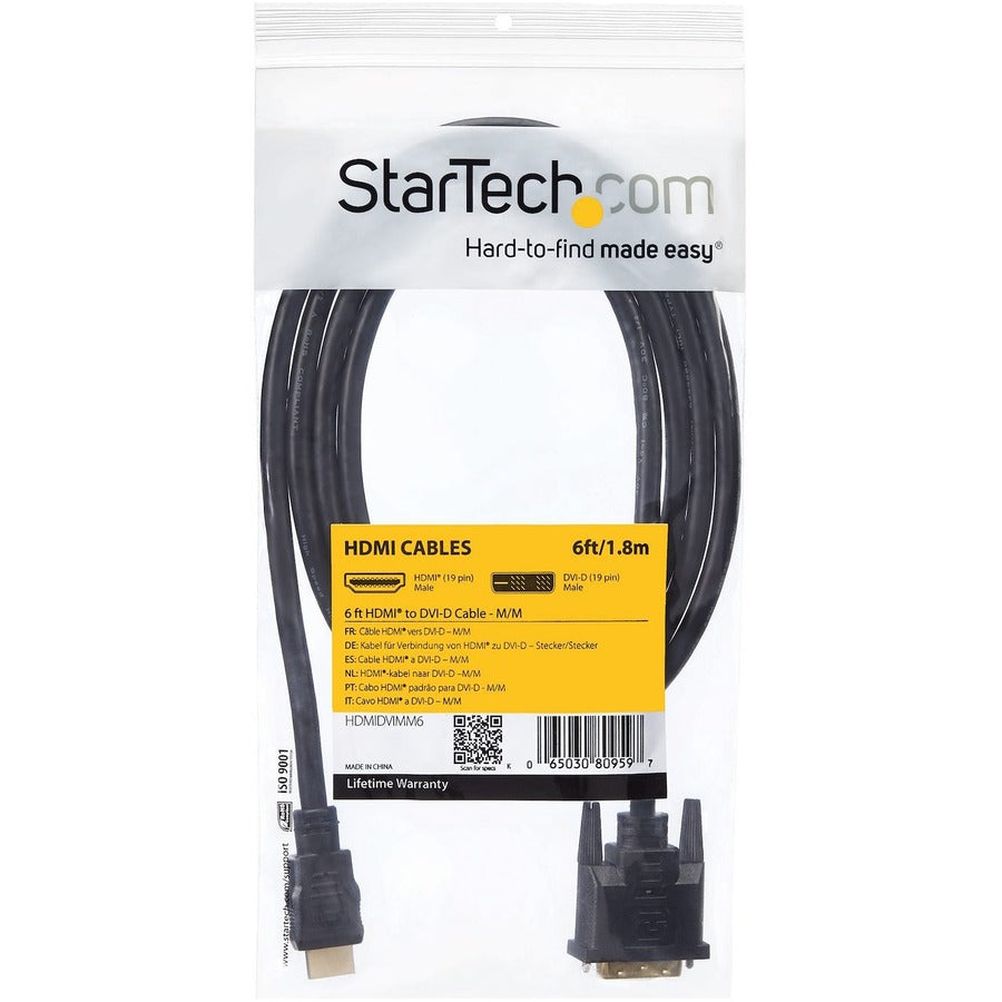 StarTech.com HDMI to DVI Cable - 6 ft / 2m - HDMI to DVI-D Cable - HDMI Monitor Cable - HDMI to DVI Adapter Cable HDMIDVIMM6