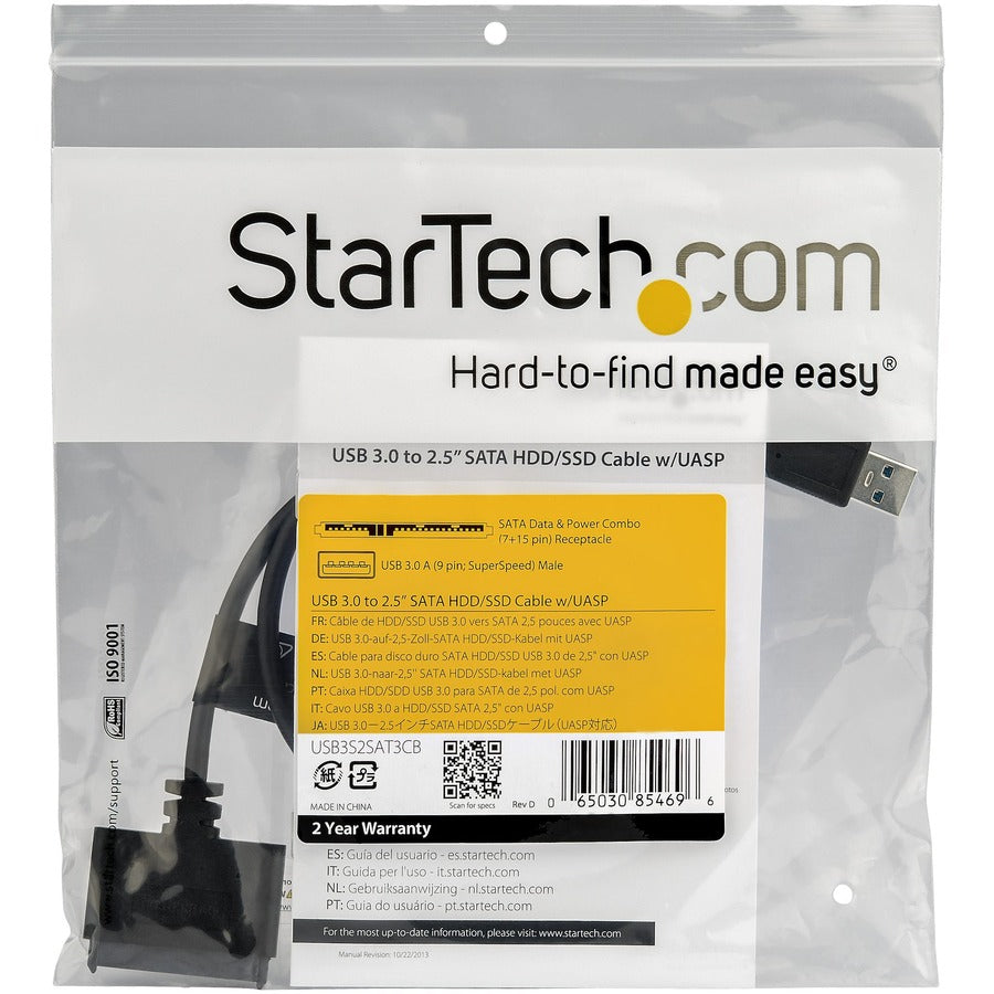 StarTech.com SATA to USB Cable USB 3.0 UASP - 2.5 SATA SSD / HDD - Hard Drive USB Adapter Cable - Hard Drive Transfer Cable USB3S2SAT3CB