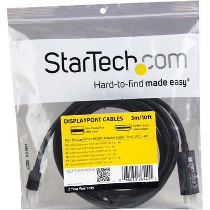 StarTech.com 10ft (3m) Mini DisplayPort to HDMI Cable, 4K 30Hz Video, Mini DP to HDMI Adapter/Converter Cable, mDP to HDMI Monitor/Display MDP2HDMM3MB