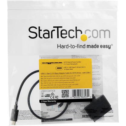 StarTech.com USB C To SATA Adapter - for 2.5" SATA Drives - UASP - External Hard Drive Cable - USB Type C to SATA Adapter USB31CSAT3CB