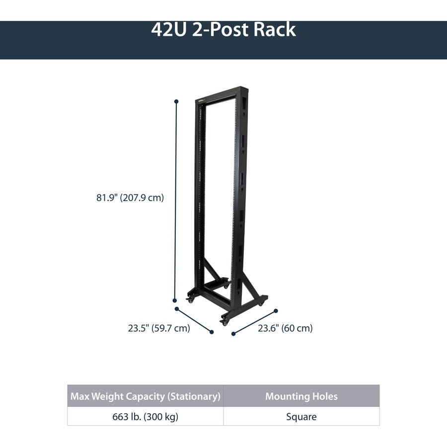 StarTech.com 2-Post 42U Mobile Open Frame Server Rack, Two Post 19in Network Rack with Casters, Rolling Open Rack for AV/Data/IT Equipment 2POSTRACK42