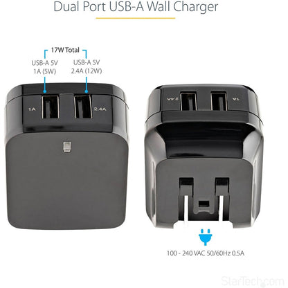 StarTech.com 2 Port USB Wall Charger, 17W Wall Charger Hub (2.4A & 1A port), Dual USB-A Power Adapter, Portable Charger for Phones/Tablets USB2PACUBK