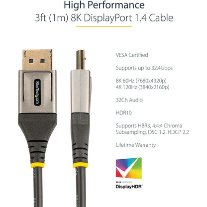 StarTech.com 3ft (1m) VESA Certified DisplayPort 1.4 Cable, 8K 60Hz HDR10, UHD 4K 120Hz Video, DP to DP Monitor Cord, DP 1.4 Cable, M/M DP14VMM1M