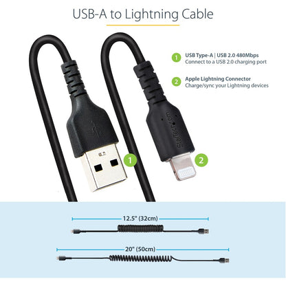 StarTech.com 50cm/20in USB to Lightning Cable, MFi Certified, Coiled iPhone Charger Cable, Black, Durable TPE Jacket Aramid Fiber RUSB2ALT50CMBC