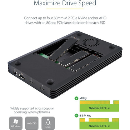 StarTech.com 4 Bay Thunderbolt 3 NVMe Enclosure, For M.2 NVMe SSD Drives, 1x DisplayPort Video and 2x TB3 Downstream Ports, 40Gbps M2E4BTB3