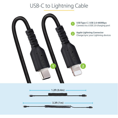 StarTech.com 1m (3ft) USB C to Lightning Cable, MFi Certified, Coiled iPhone Charger Cable, Black, Durable TPE Jacket Aramid Fiber RUSB2CLT1MBC