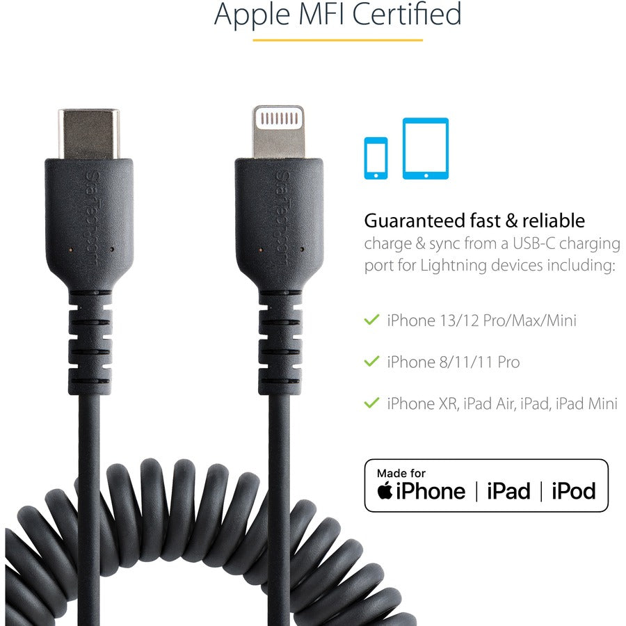 StarTech.com 1m (3ft) USB C to Lightning Cable, MFi Certified, Coiled iPhone Charger Cable, Black, Durable TPE Jacket Aramid Fiber RUSB2CLT1MBC